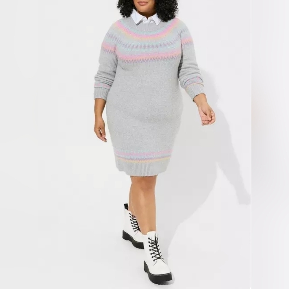 TORRID Mini Vegan Cashmere Mock Neck Sweater Dress | color Fair Isle Gray